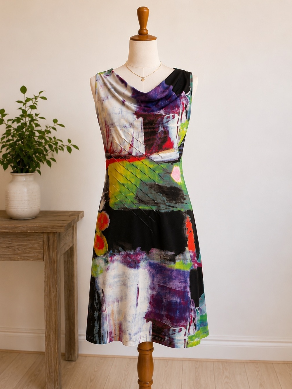 Dolcezza Abstract Art Print Sleeveless Dress Cowl Neck Pintuck Detail, Size S